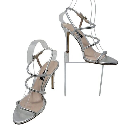 Nine West Metallic Silver Leather Formal Strappy Stiletto Heels 8 Glam NWMERICIA - Picture 1 of 14